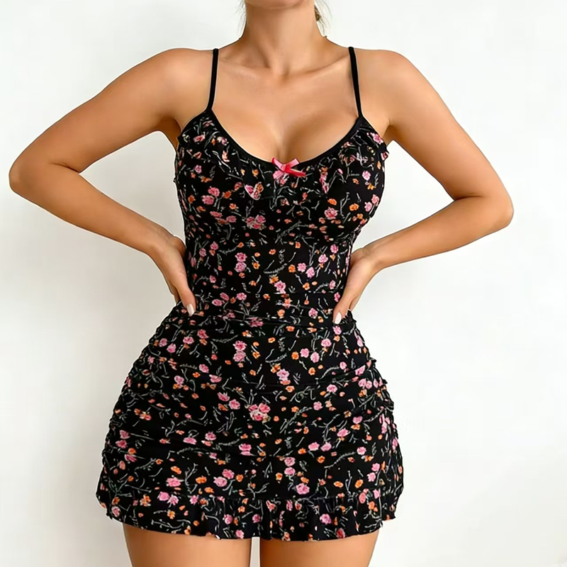 Floral Ruffled Mesh Nightgown