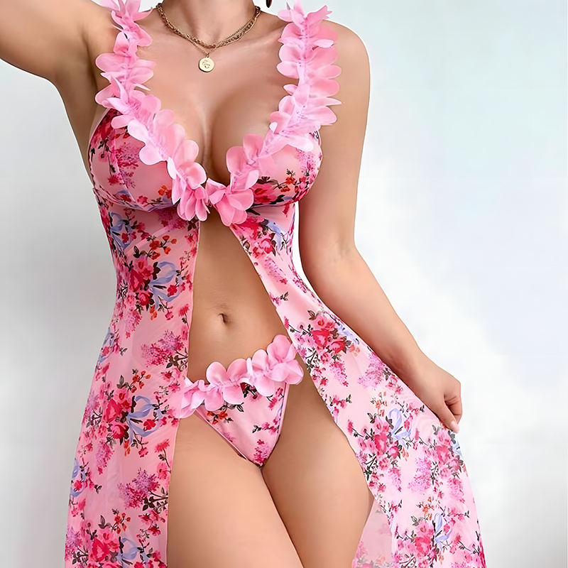 Floral Sheer Mesh Lace High-Slit Nightgown