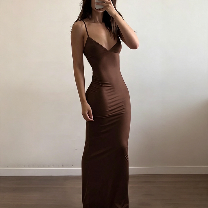 V-neck slim-fit maxi dress with spaghetti straps