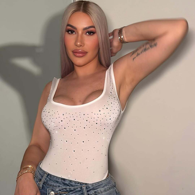 Rhinestone Square Neck Sleeveless Bodysuit