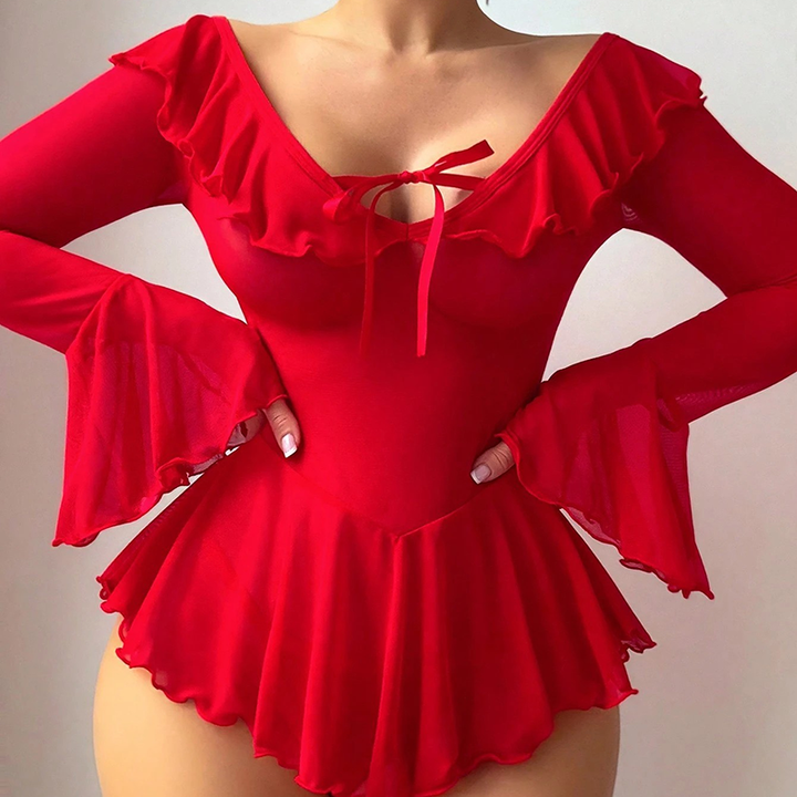 Ruffled Off Shoulder Sheer Mesh Nightgown