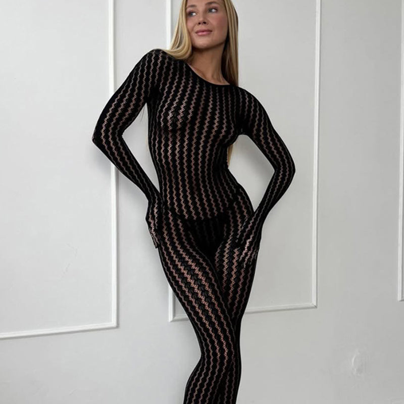Wavy Mesh See Through Long Sleeve Jumpsuit
