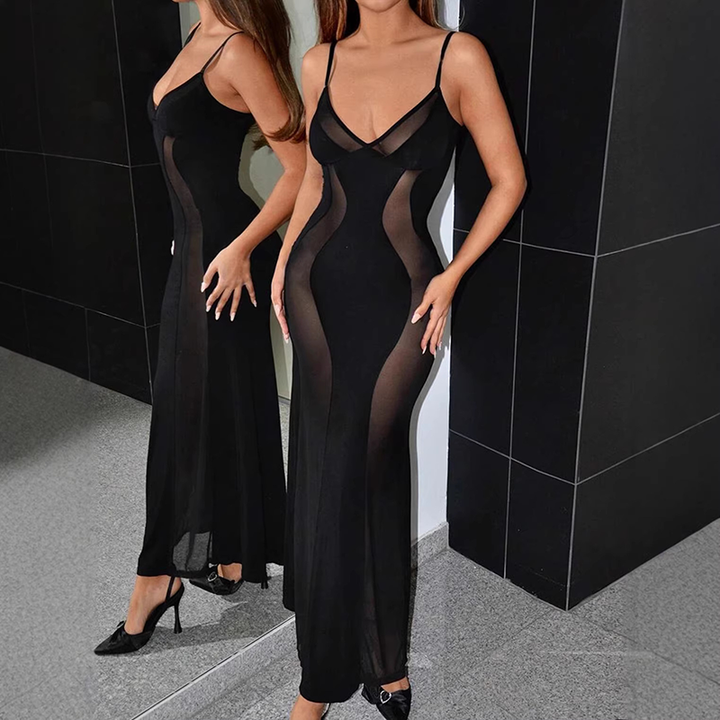 Solid-color spaghetti strap dress with mesh paneling