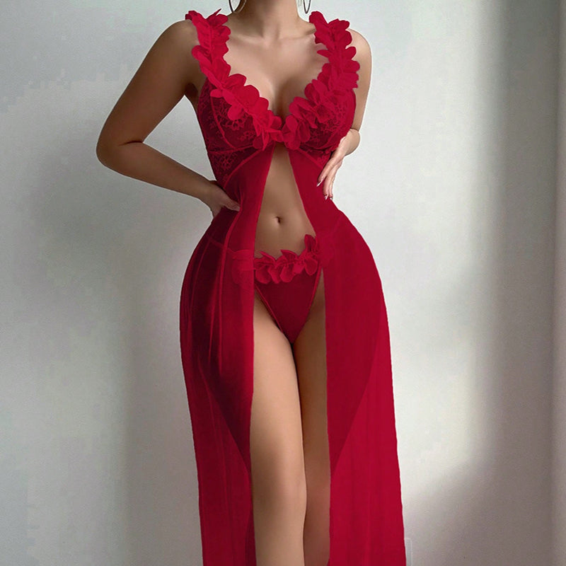 Floral Sheer Mesh Lace High-Slit Nightgown