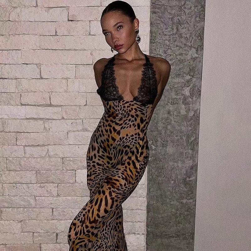 Lace halter backless printed dress