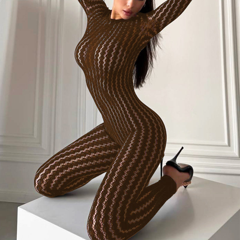 Wavy Mesh See Through Long Sleeve Jumpsuit
