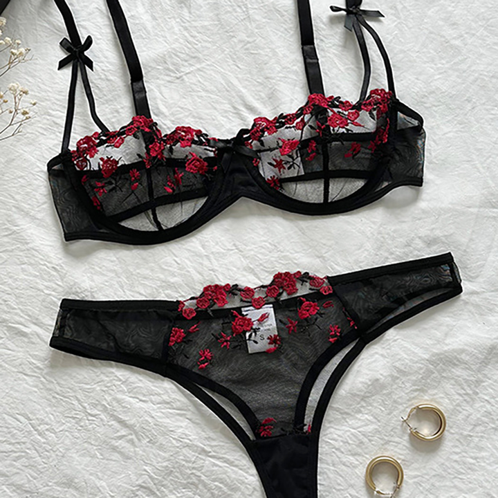 Sheer mesh floral embroidery lingerie set