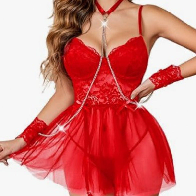 Sexy front-slit nightgown with mesh fabric, a seductive uniform