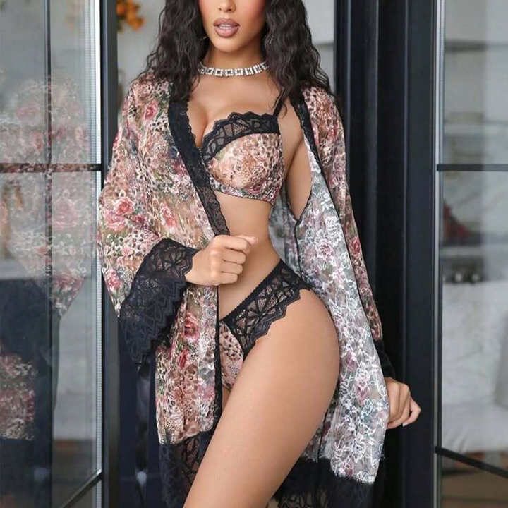 Floral Leopard-Print Sheer Lace Robe