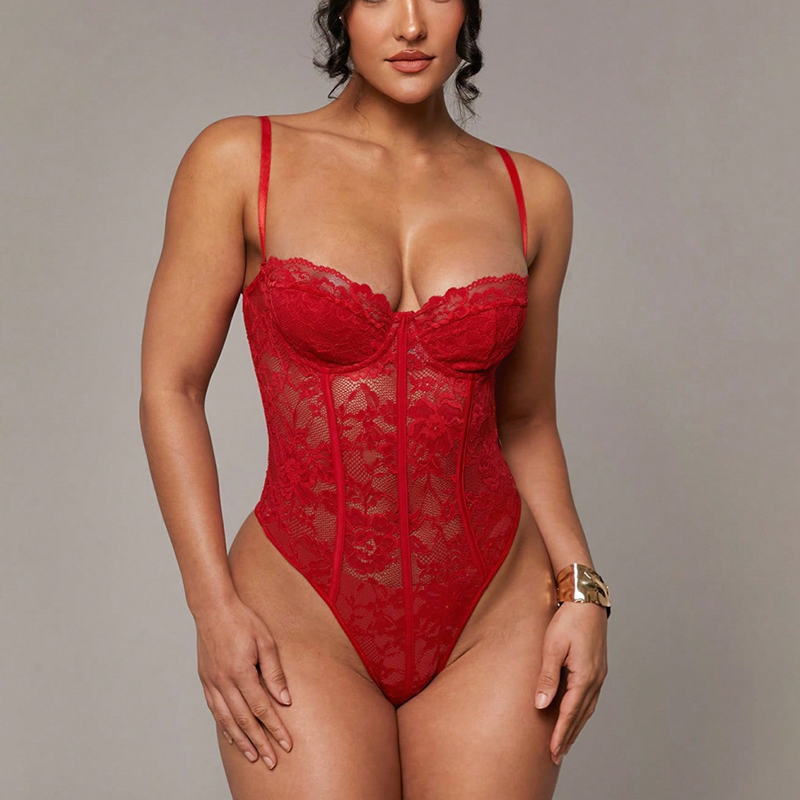Floral Lace Spaghetti Strap Corset Bodysuit