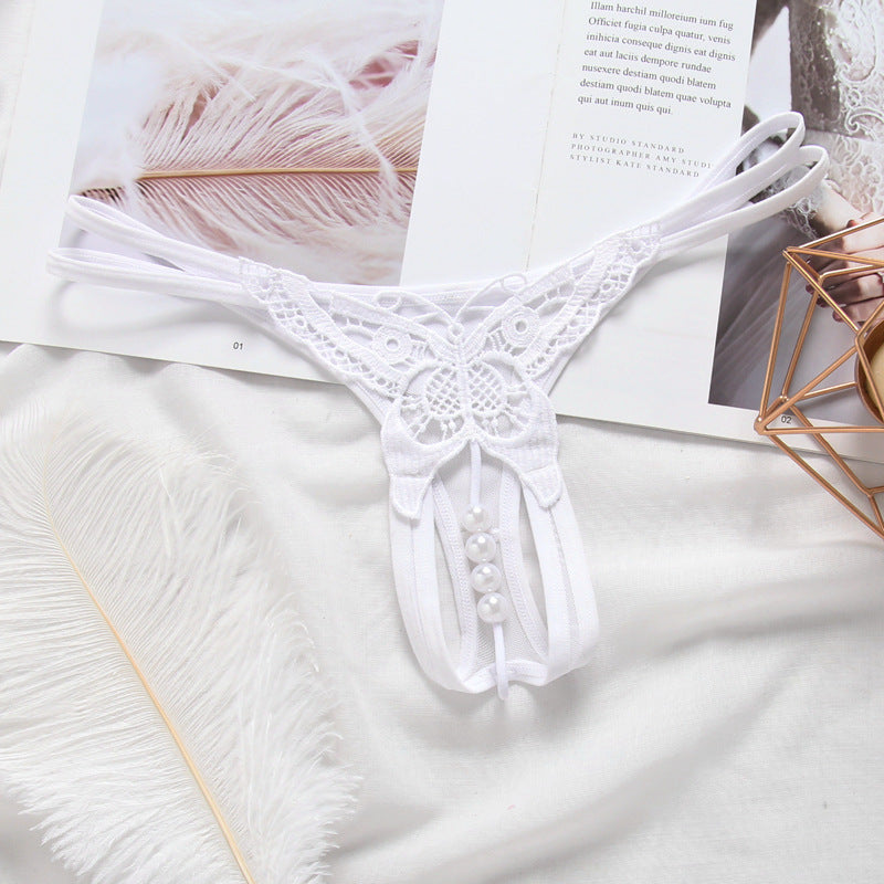 Pearl massage thong, low-waist embroidered open-crotch sexy panties