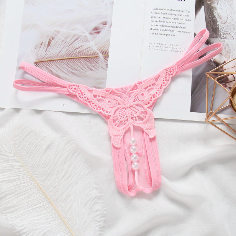 Pearl massage thong, low-waist embroidered open-crotch sexy panties