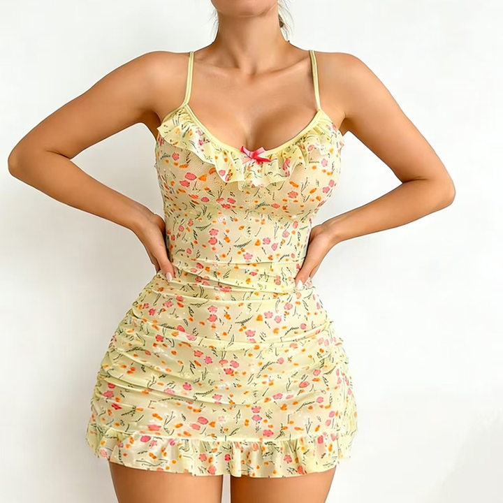 Floral Ruffled Mesh Nightgown