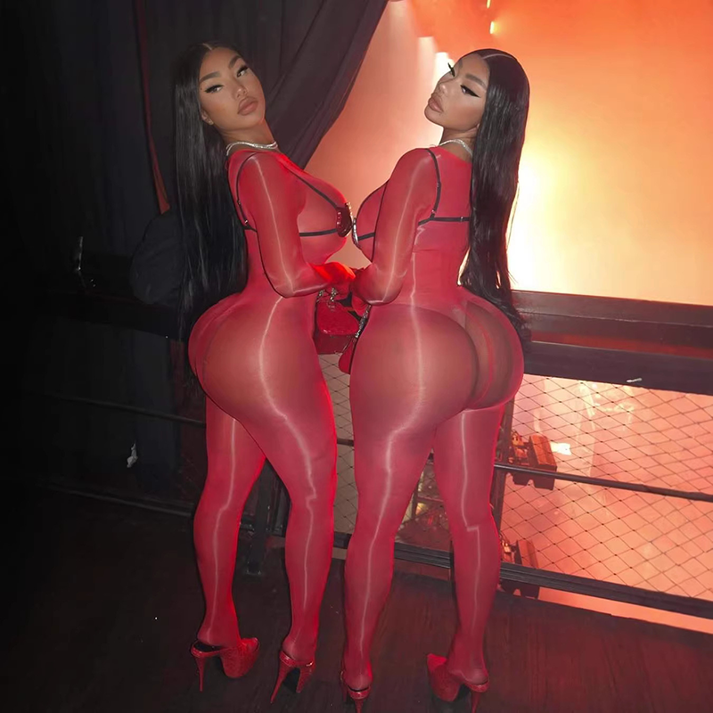 Sheer mesh fitted long-sleeve jumpsuit