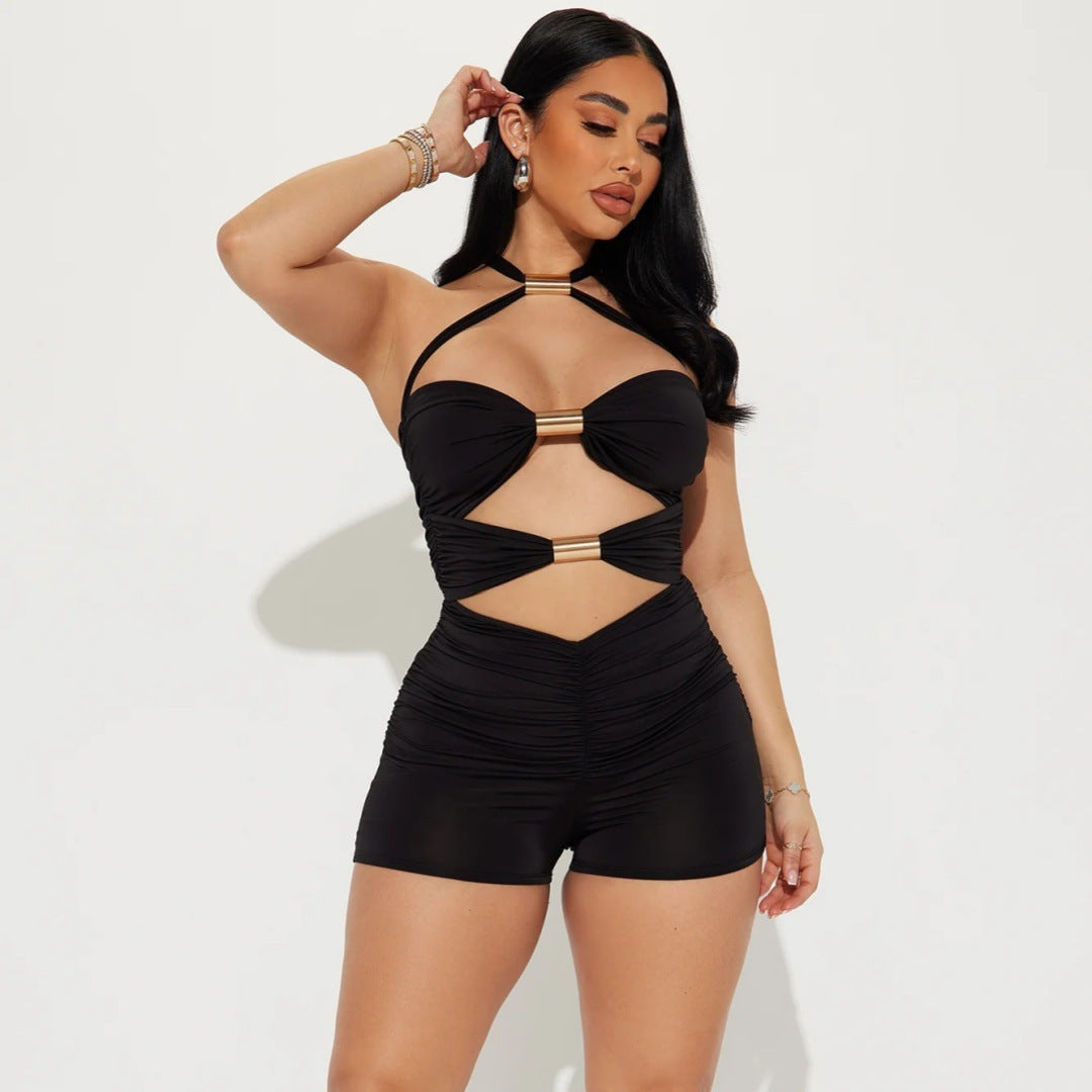 Hollow-out tie-up halter-neck sexy hip-lifting shorts