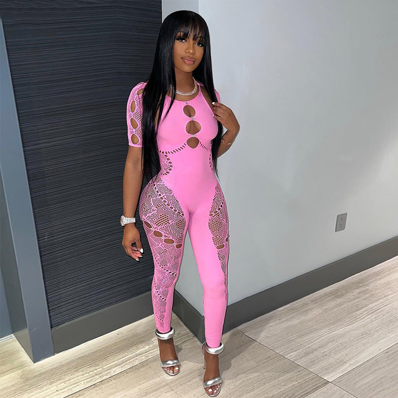Sexy rhinestone-embellished bodycon knit jumpsuit