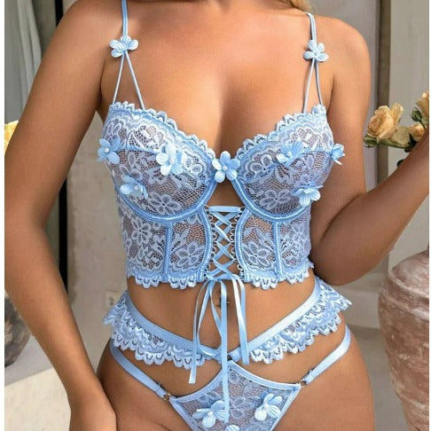 Strappy lace bra and panties set, a sexy sheer lingerie set with delicate floral details.