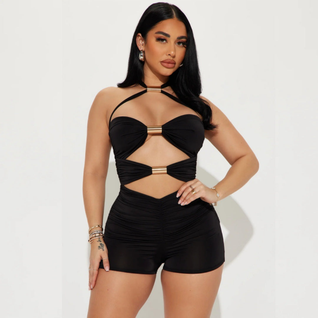 Hollow-out tie-up halter-neck sexy hip-lifting shorts
