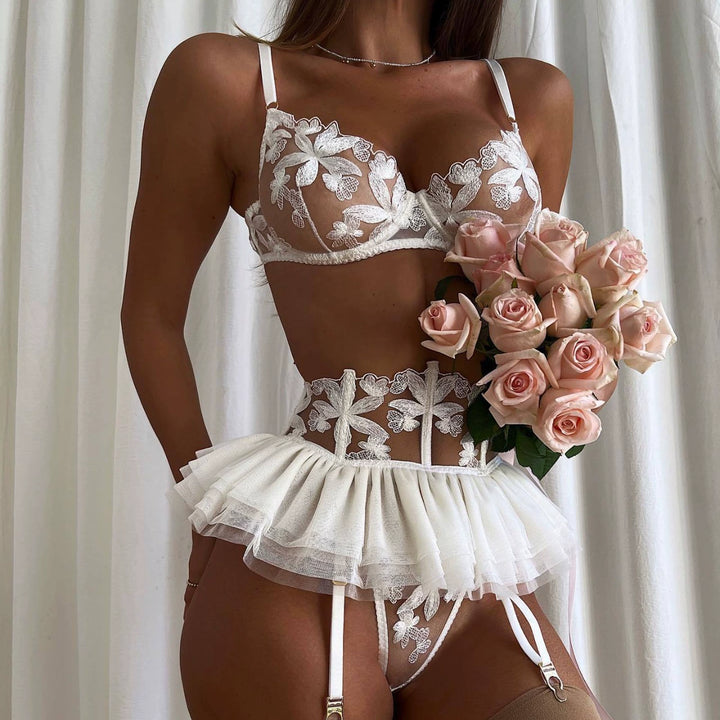 Lacy mini-skirt bra and garter belt lingerie set