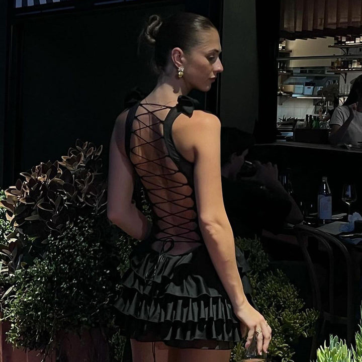 Sexy, fitted, tie-waist, halter-neck, backless, tiered short dress.