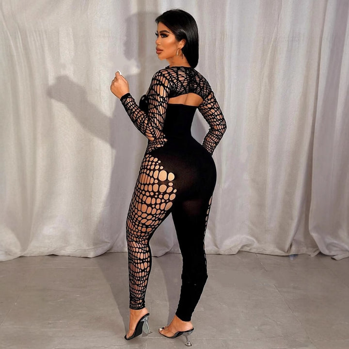 Solid color shawl long-sleeved hollowed-out sexy jumpsuit