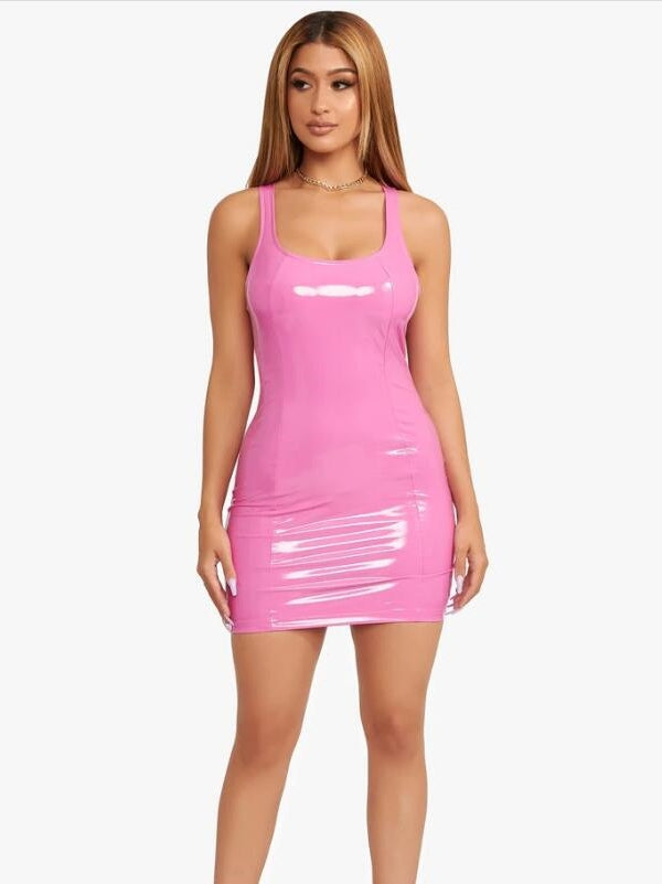 PU leather solid color suspender dress, leather skirt, leather bodycon skirt, short skirt