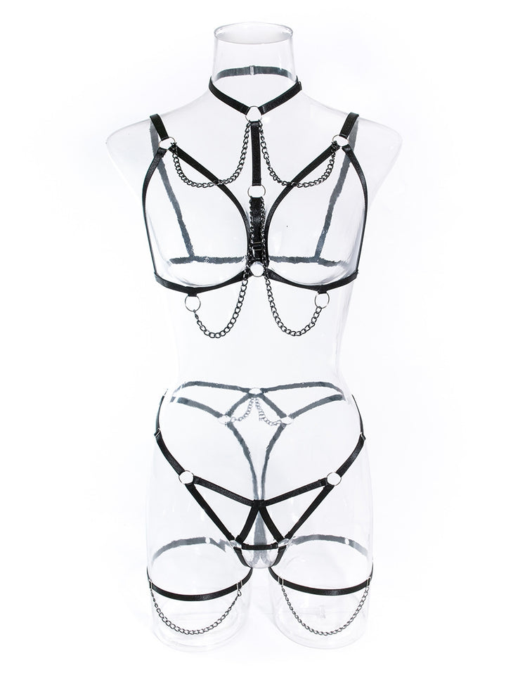 Heavy metal chain-detail three-piece lingerie set for a sexy look