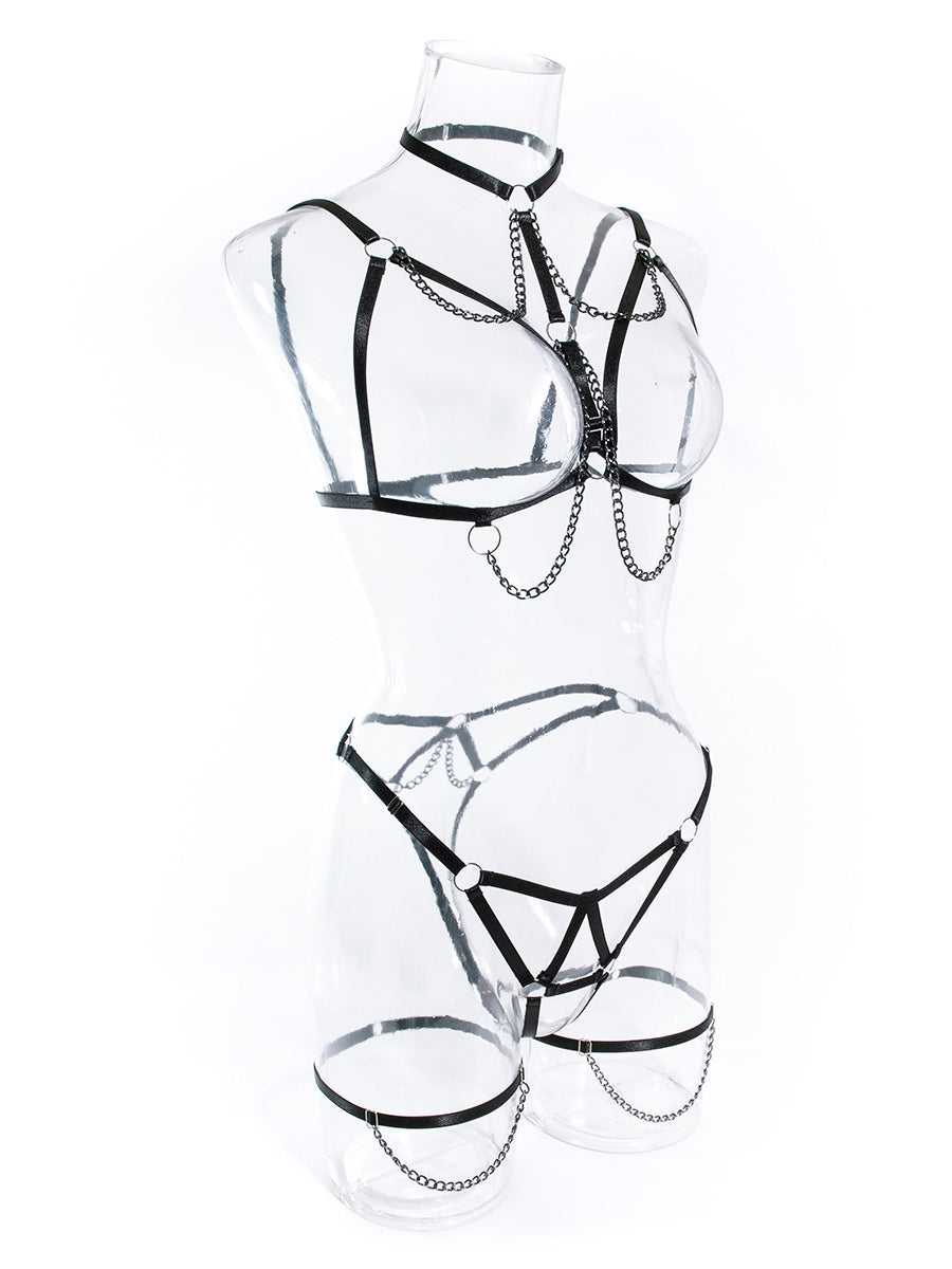Heavy metal chain-detail three-piece lingerie set for a sexy look