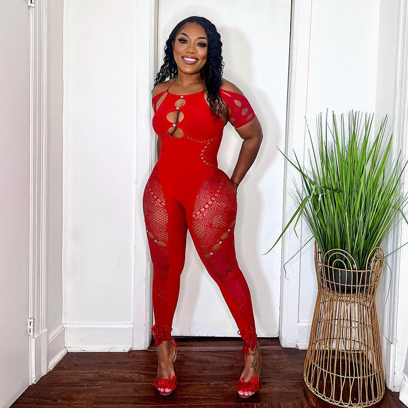 Sexy rhinestone-embellished bodycon knit jumpsuit