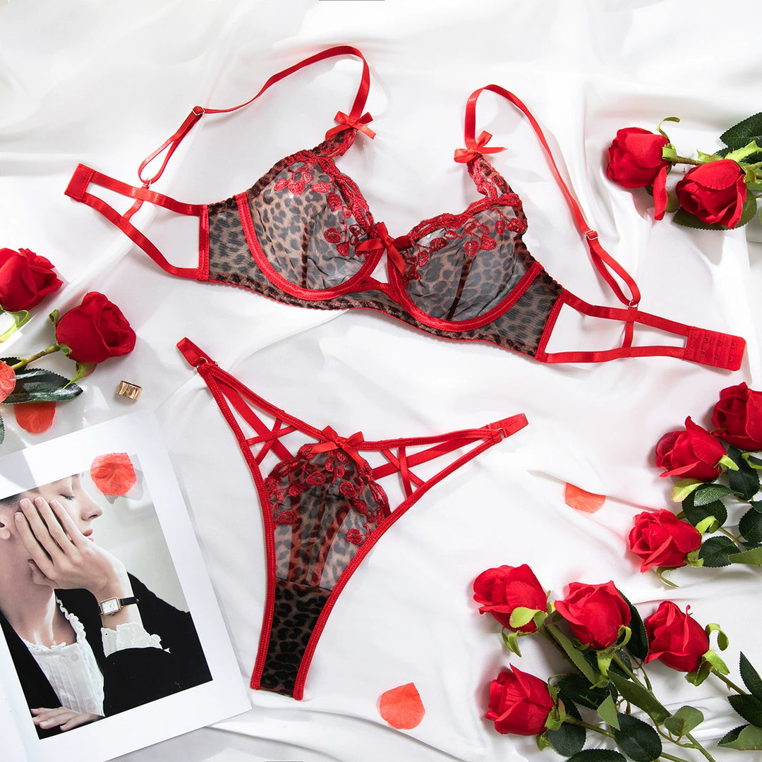 Sexy Leopard Print Red Embroidered Cherry Thin Bowknot Suit