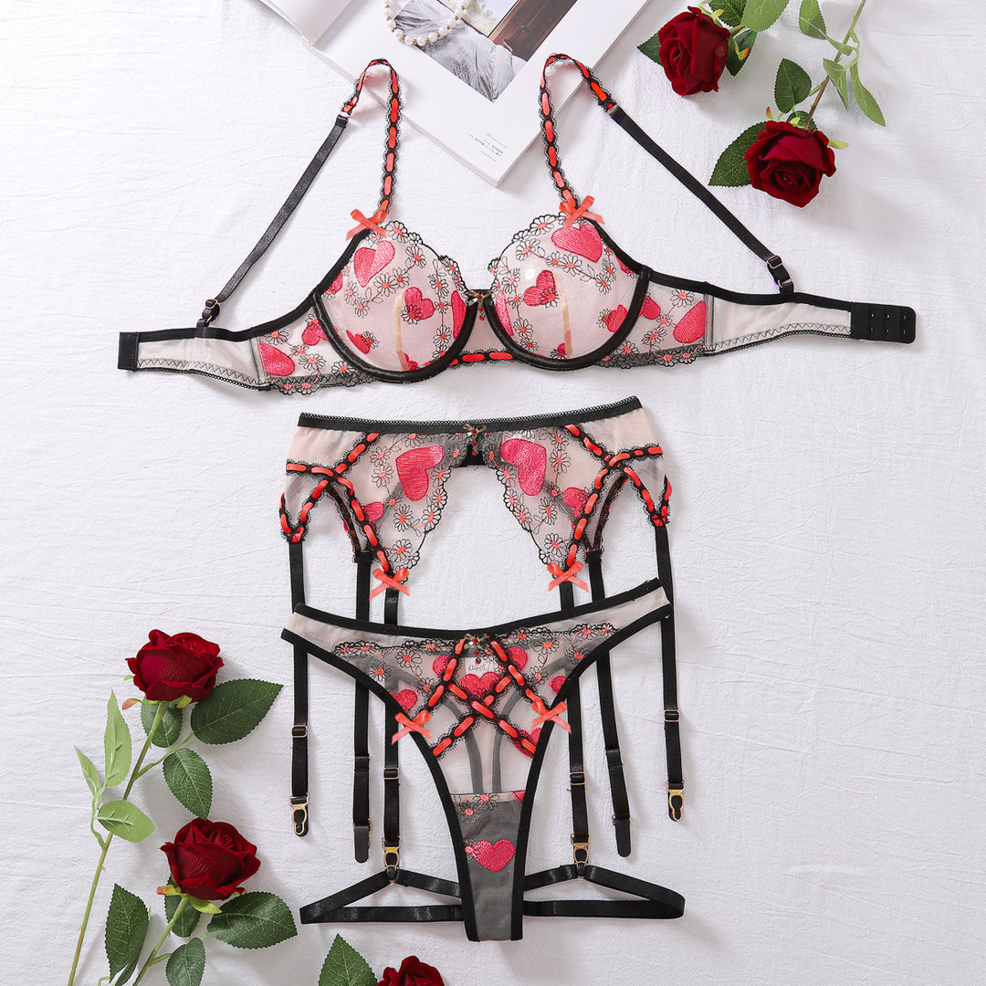 Embroidered Mesh Heart-Shaped Lingerie Four-Piece Set