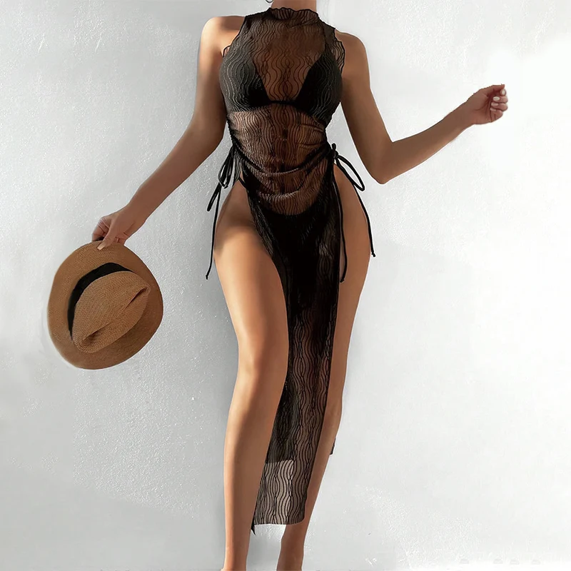Sheer mesh high-neck beach dress