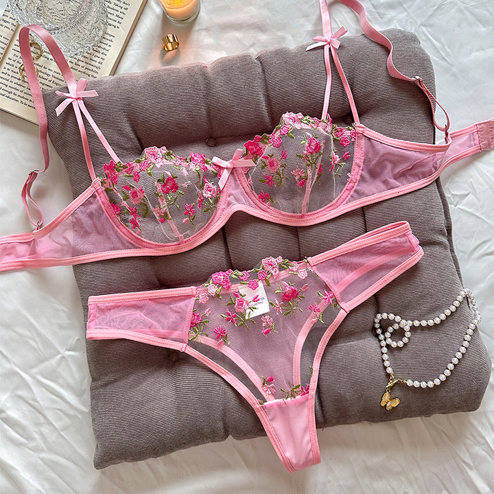 Sheer mesh floral embroidery lingerie set