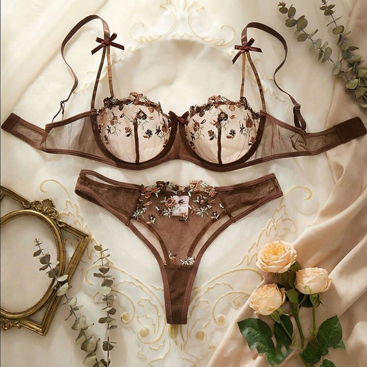 Sheer mesh floral embroidery lingerie set