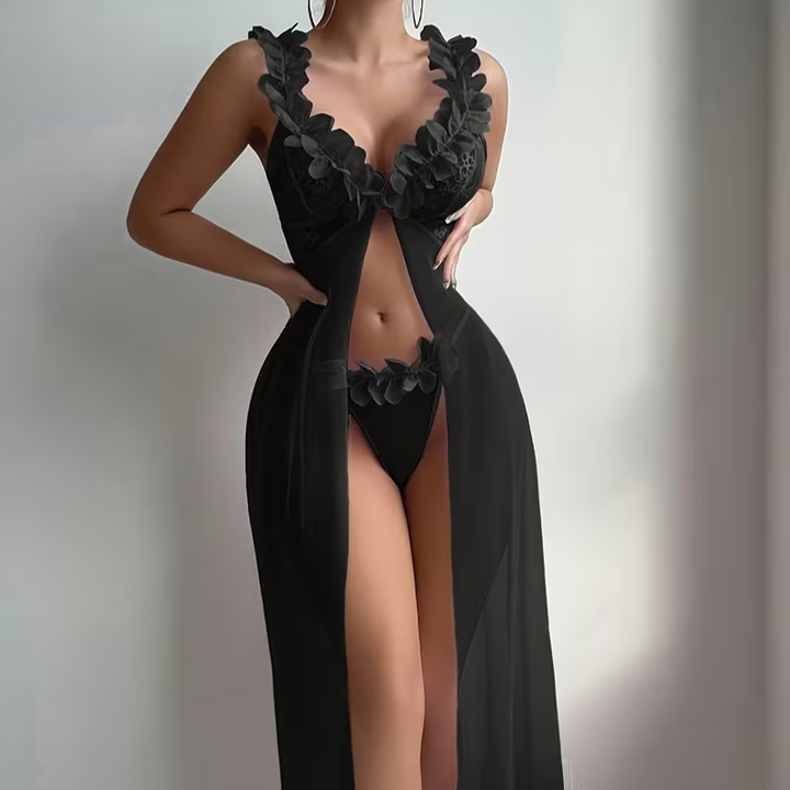 Floral Sheer Mesh Lace High-Slit Nightgown