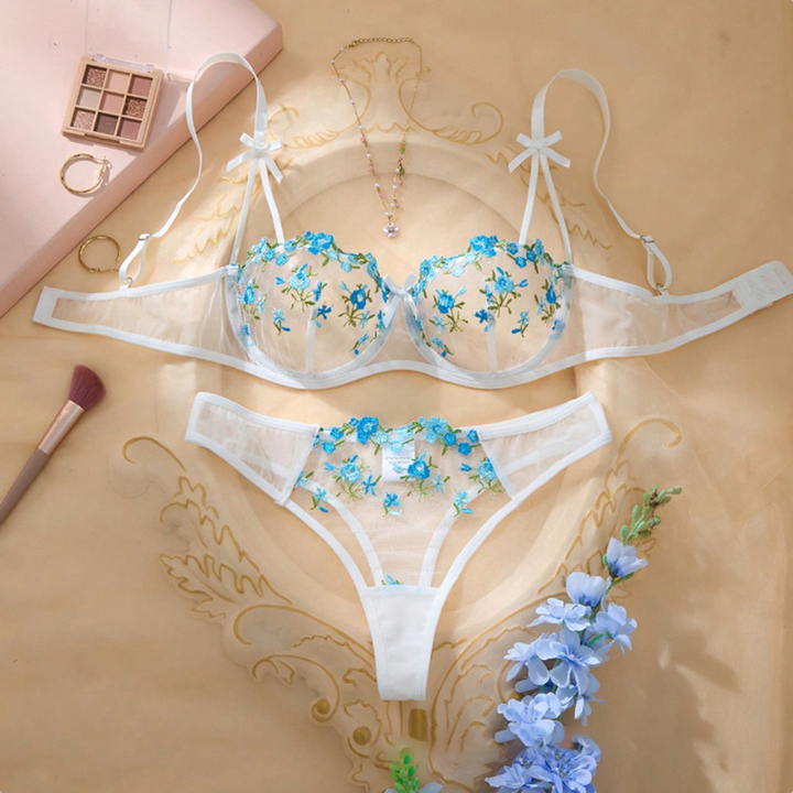 Sheer mesh floral embroidery lingerie set