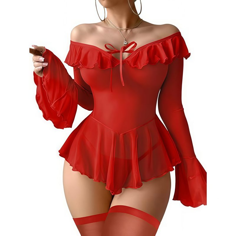 Ruffled Off Shoulder Sheer Mesh Nightgown