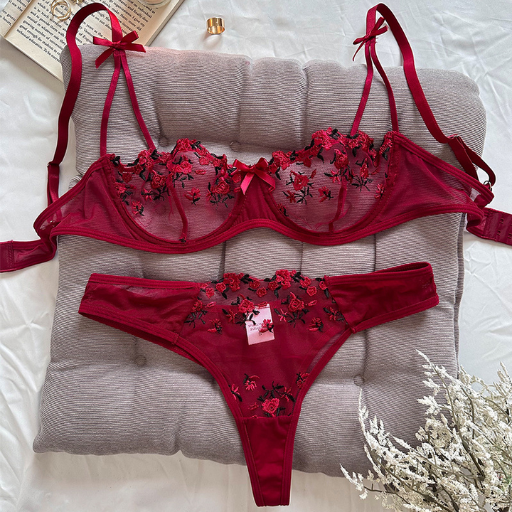 Sheer mesh floral embroidery lingerie set