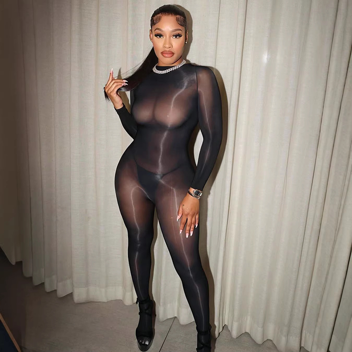Sheer mesh fitted long-sleeve jumpsuit